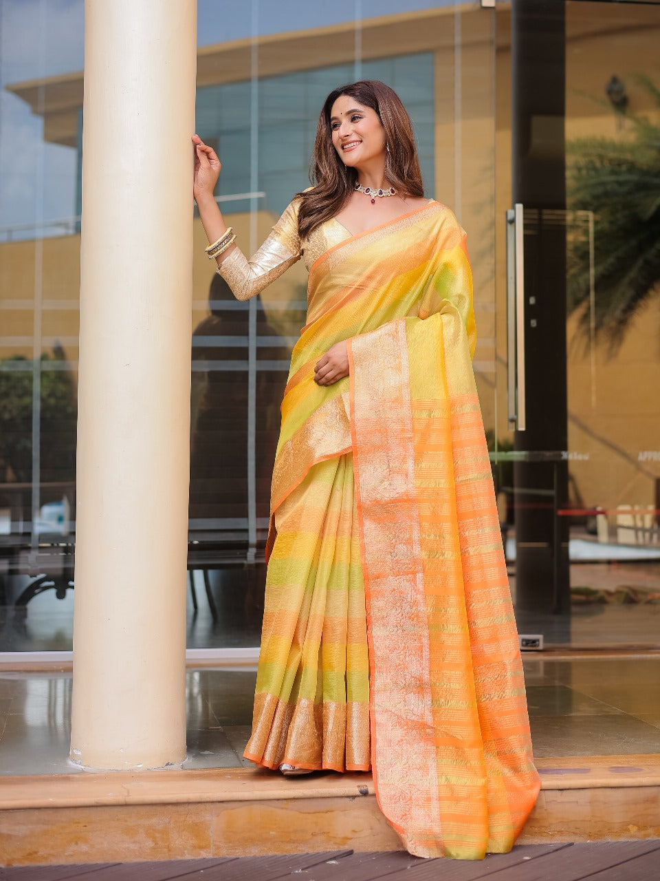 Banarasi Handloom Crush Saree with Pure Gold Zari Work - Elegant & Luxurious