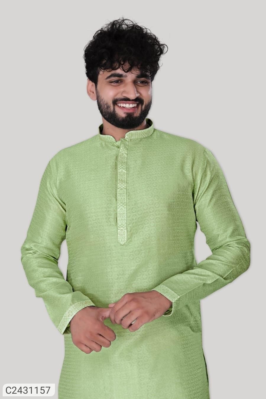 Men's Jacquard Solid Kurta Pyjama Set – Green