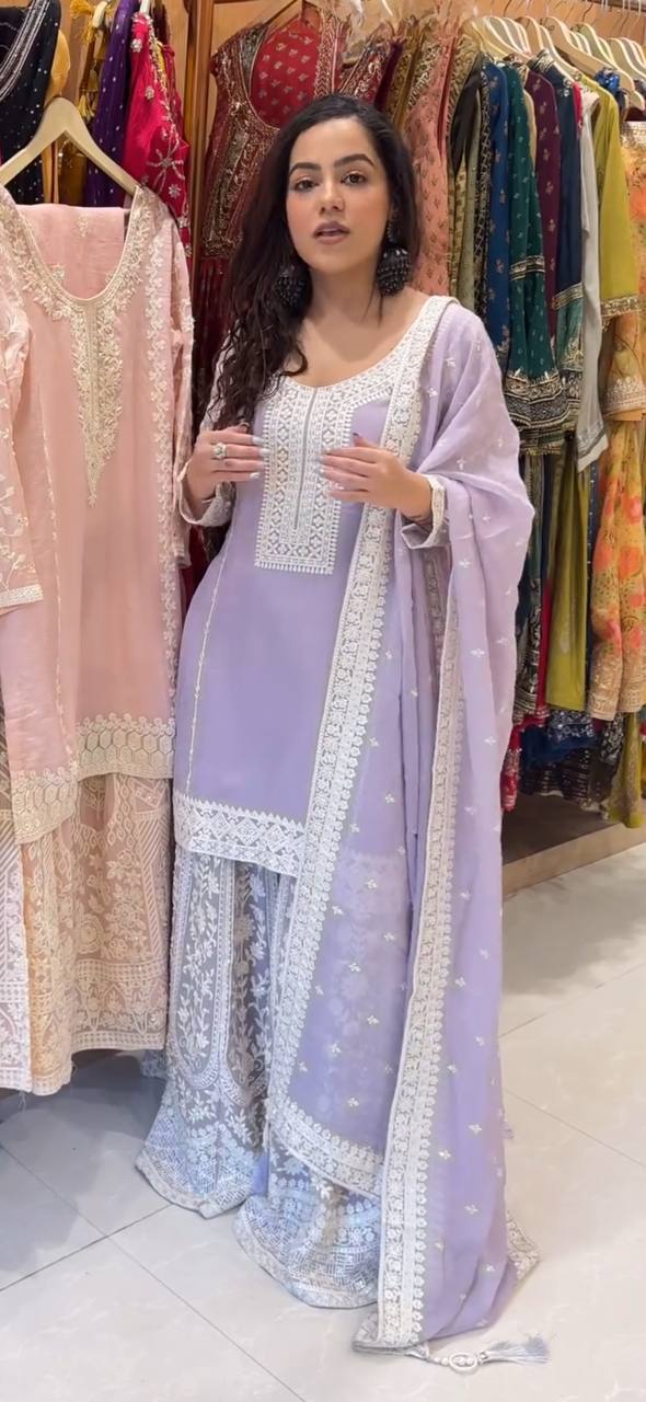 stylish Heavy Embroidery Strap Stitched Work Top - Palazzo with Dupatta