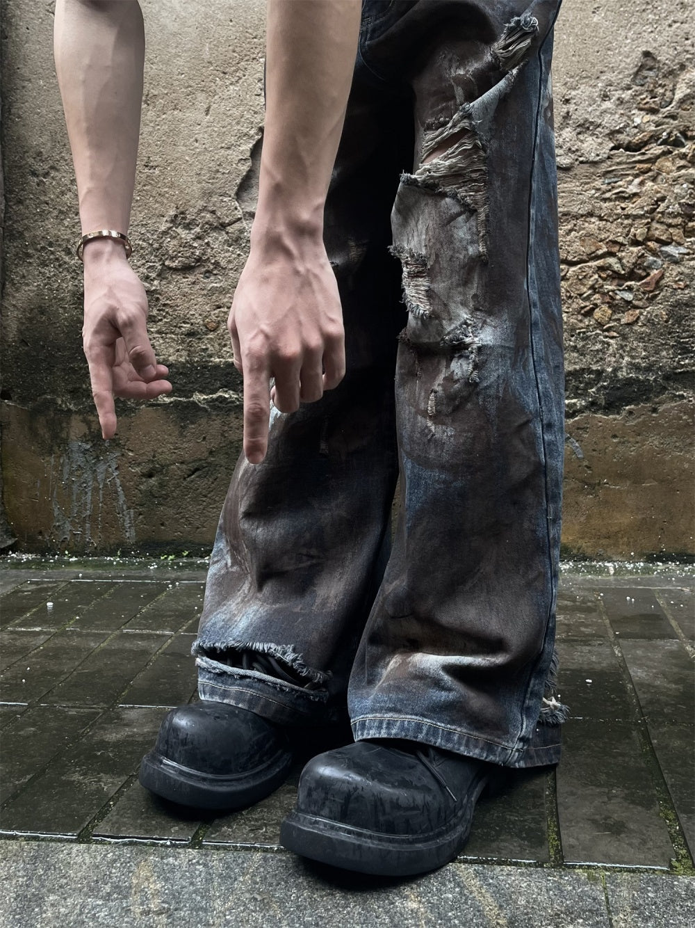 Retro Tattered Jeans Destroyed Wide Leg Jeans Men's Loose Trousers