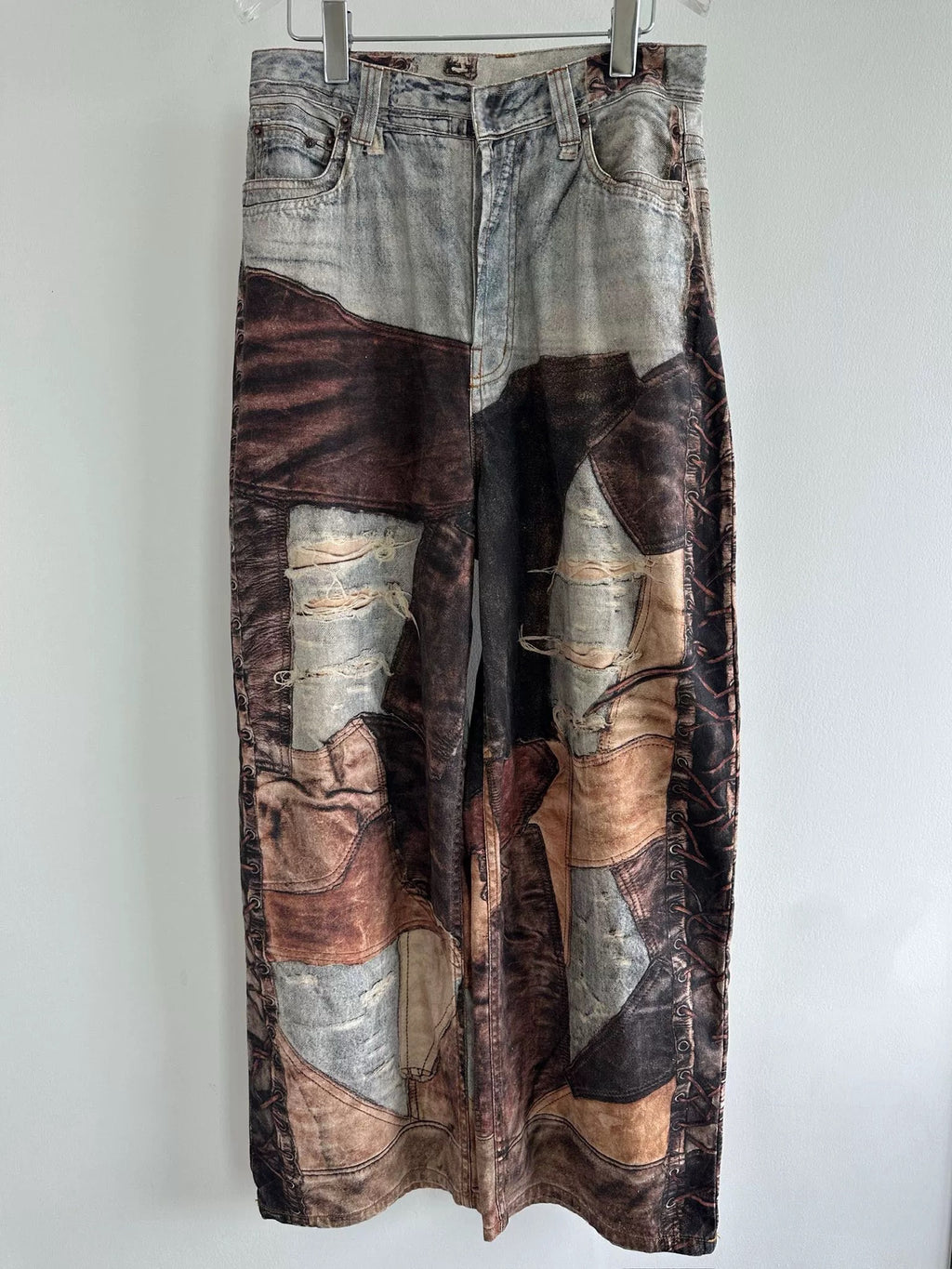 Vintage Mud Dyed Stitching Printing Ripped Canvas Denim Wide Leg