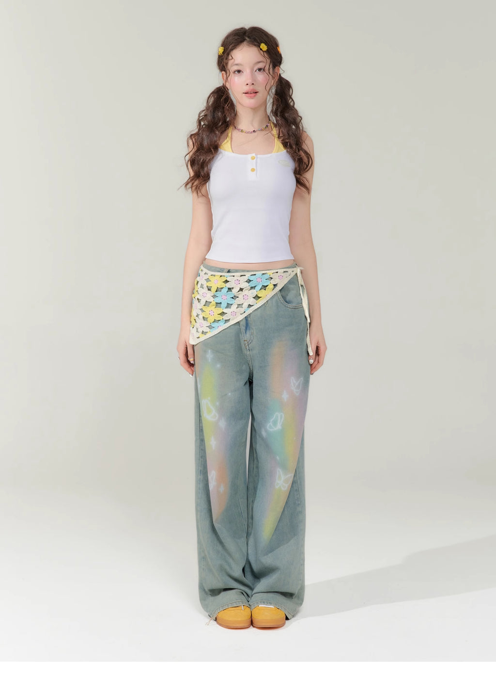 Retro Colorized Butterfly High Waist Wide Leg Straight Jeans