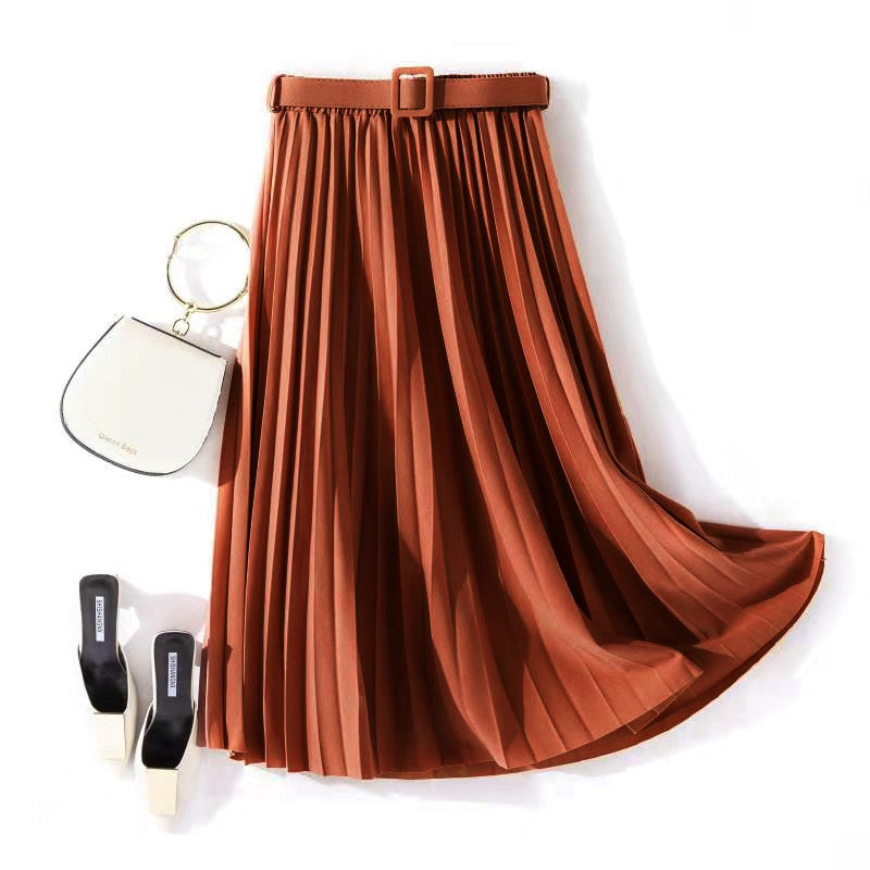 Solid Color Simple Organ Pleated Skirt Mid-length Skirt