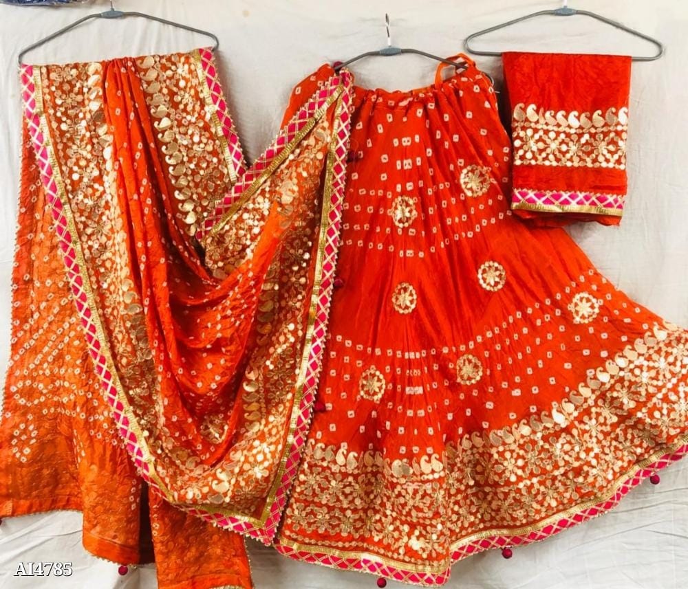 452 Tapeta Silk Lehenga with Art Silk Bandhej Dupatta & Aari Work orange