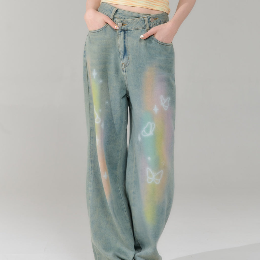 Retro Colorized Butterfly High Waist Wide Leg Straight Jeans