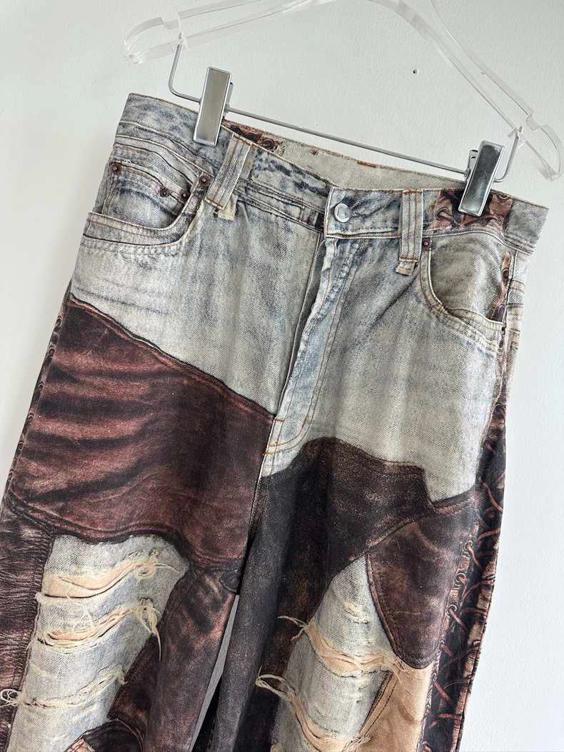 Vintage Mud Dyed Stitching Printing Ripped Canvas Denim Wide Leg