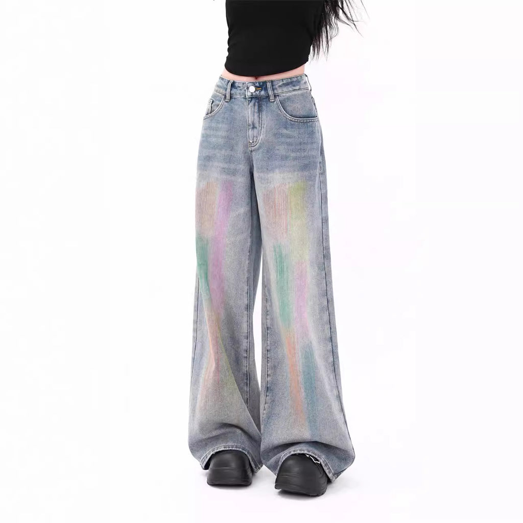 Colorful Fashion Casual Retro High Waist Loose Wide Legs Jeans