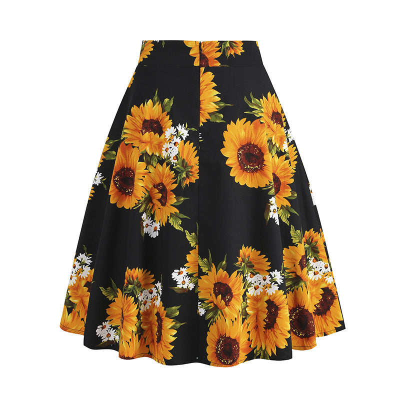 European And American Women's Clothing Vintage Printed Hepburn Floral Skirt