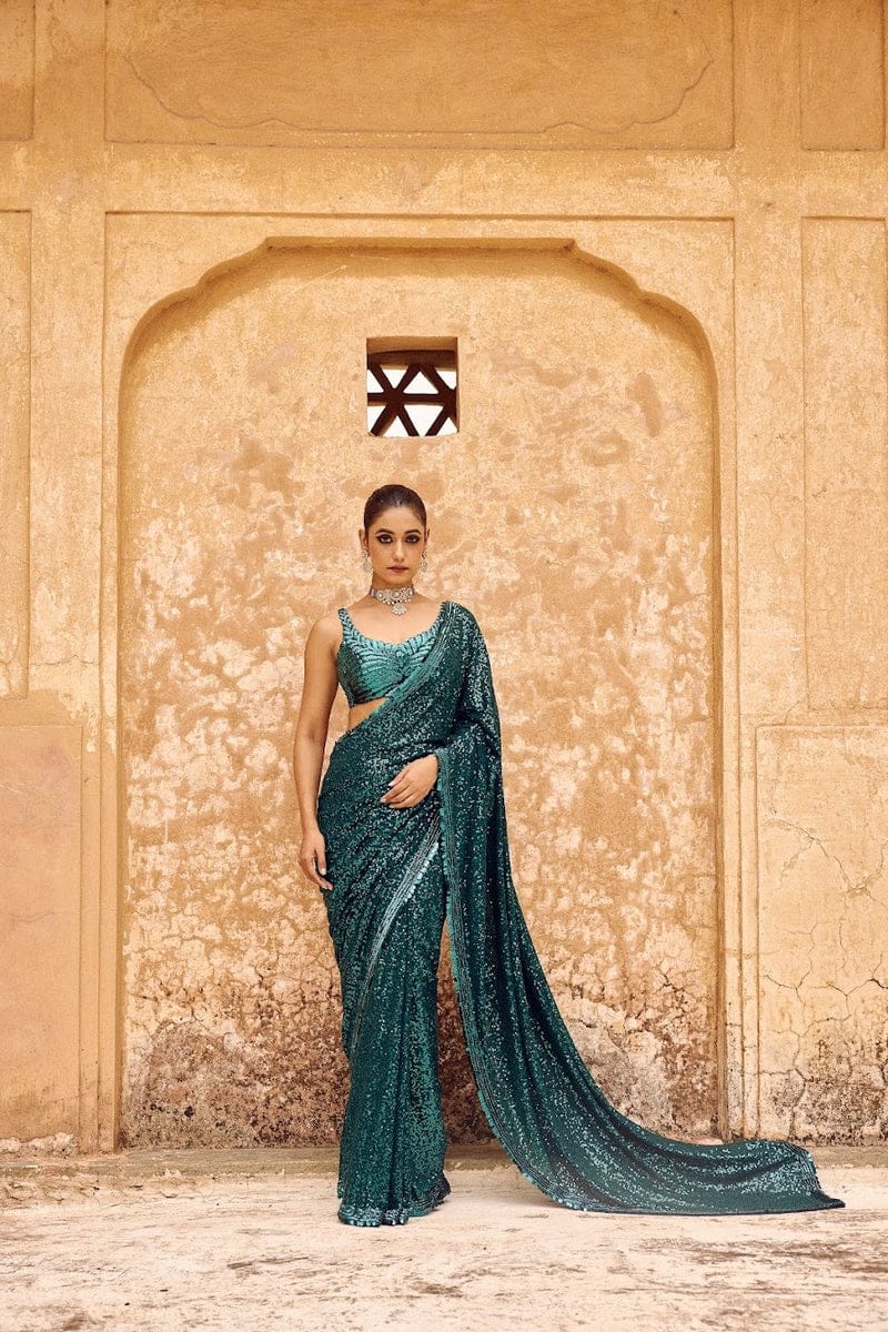 Premium Georgette Saree with Heavy 5mm Sequin Embroidery & Dual Lace Border | Banglori Silk Blouse