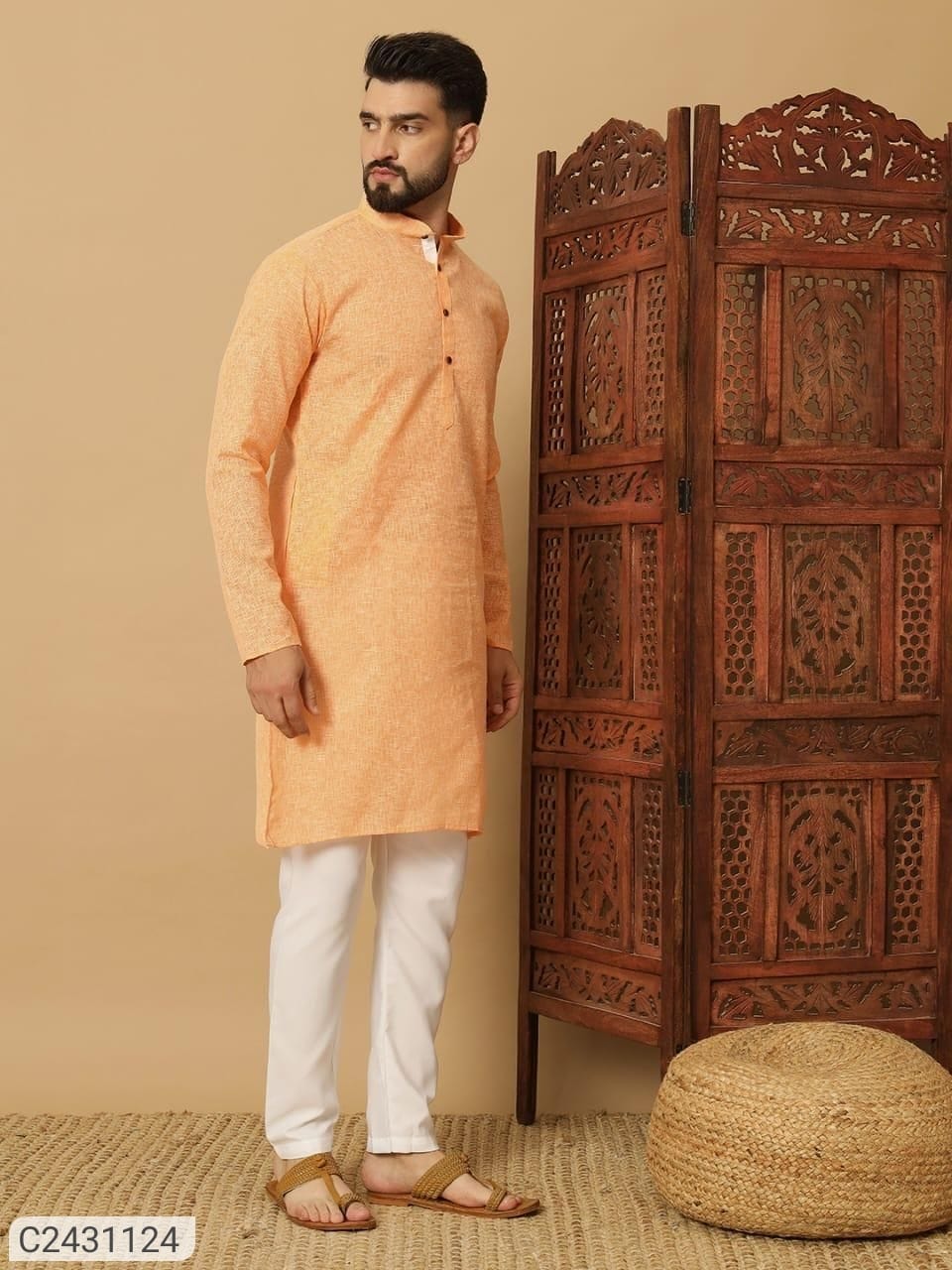 Men's Cotton Solid Kurta Pyjama Set   Orange