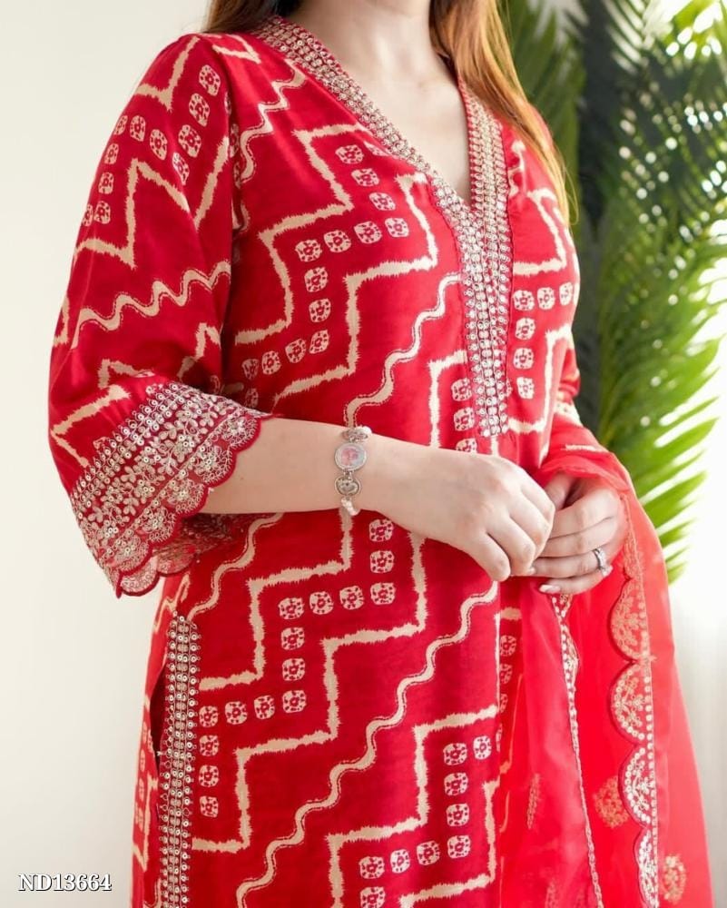 er Fancy Wear Maslin Printed and Cording Sequence Work Top and Pant with Dupatta