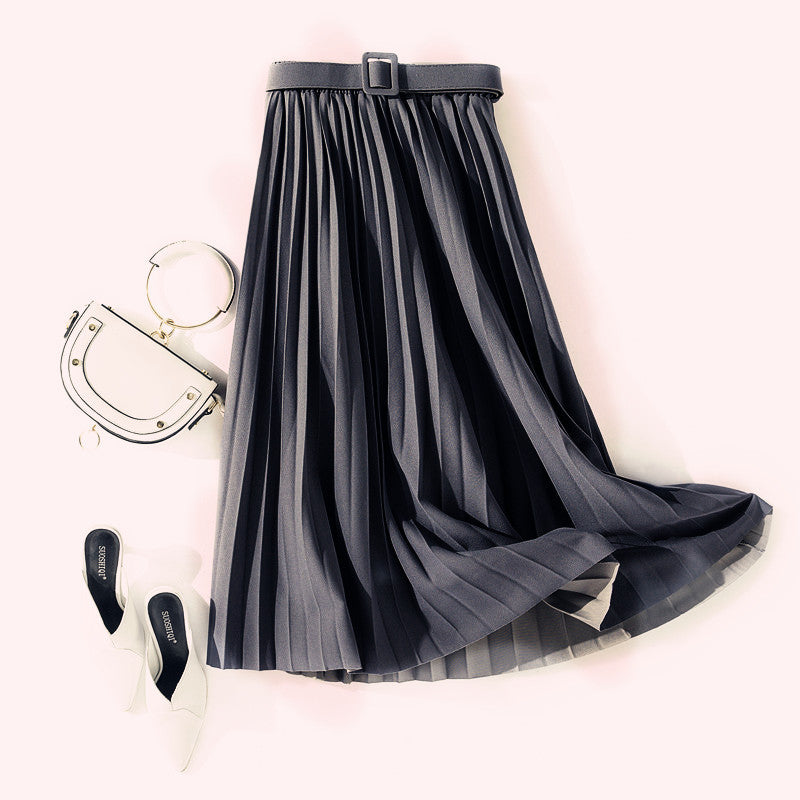 Solid Color Simple Organ Pleated Skirt Mid-length Skirt