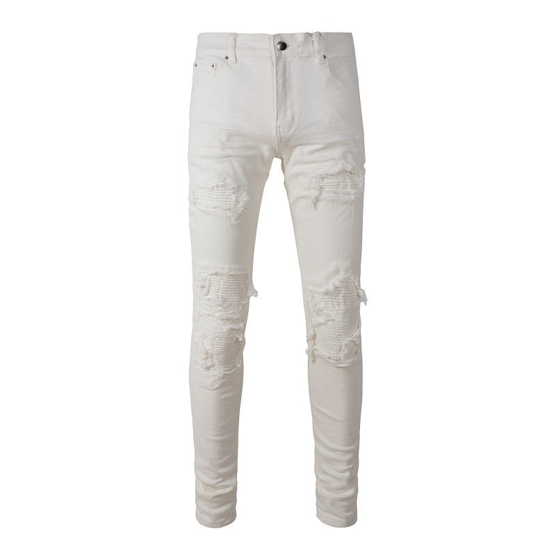 Men White Hole Patch Stretch Slim Jeans