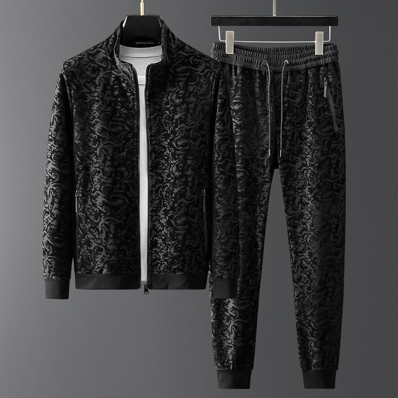 Jacquard Flocking Leisure Sports Two-piece Set Jacket Suits