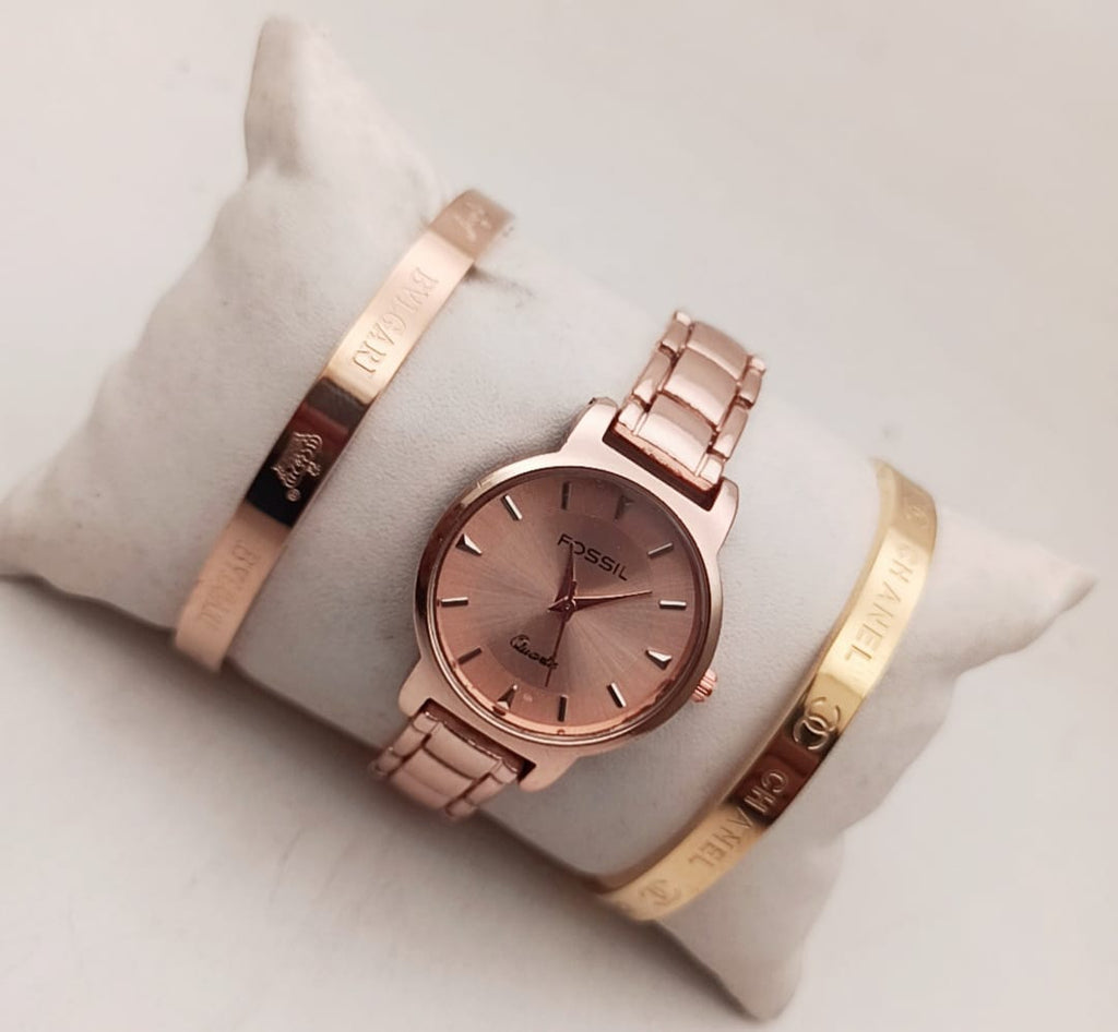 Premium Combo Kada with Watch - Stylish and Durable Fashion Accessory  Fossil Gold