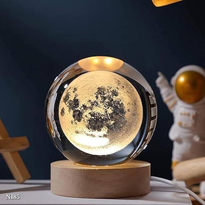 3D Moon Light Night Lamp | 6 cm Glass Ball with Wooden Base | Crystal Moon Lamp