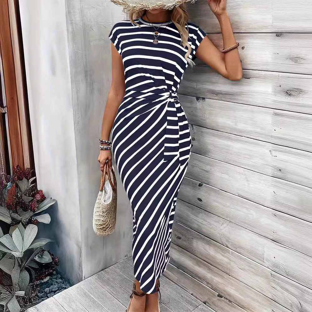 Waist Strap Striped Round Neck Short Sleeve And Long Pattern Dress