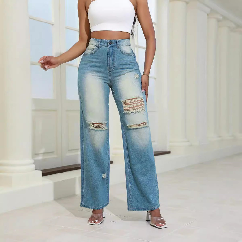 Fashion High Waist Ripped Jeans With Pockets Comfortable Slim Fit Straight Wide-leg Pants Womens Clothing