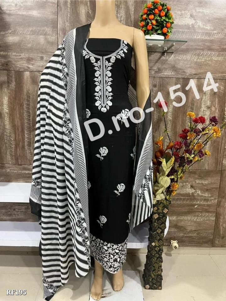 Pure Cotton Dress Material with Embroidery Work and Fancy Print - Top, Bottom, and Dupatta Set