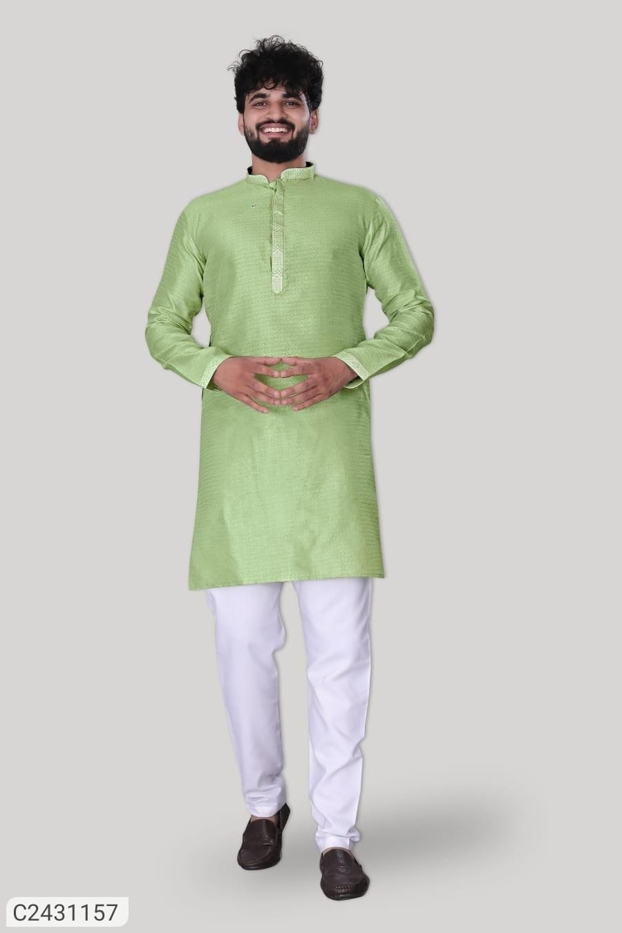 Men's Jacquard Solid Kurta Pyjama Set – Green