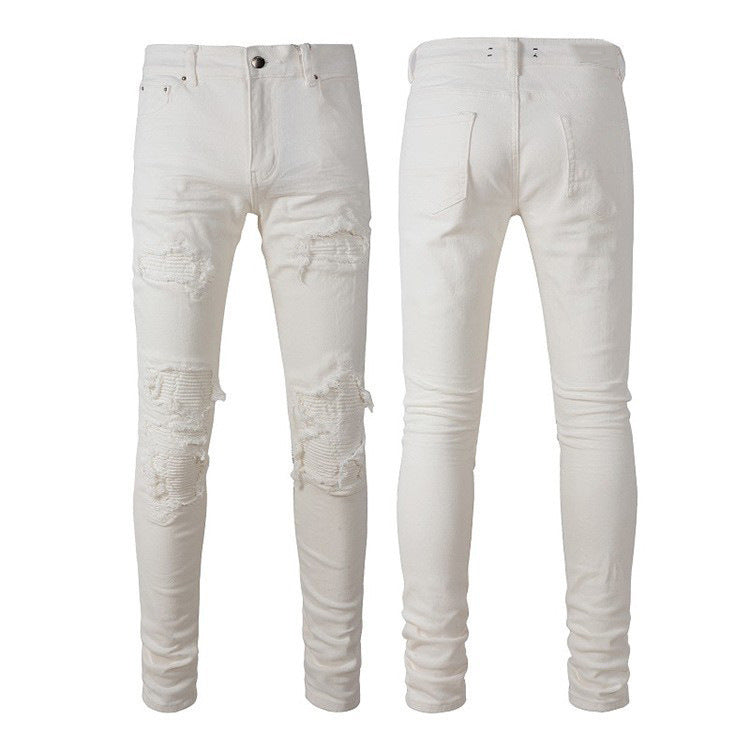 Men White Hole Patch Stretch Slim Jeans