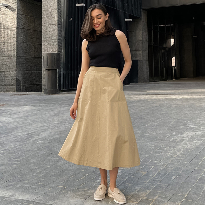 Elegant Pure Cotton High Waist Simple Solid Skirt Minority All-match Loose Long Dress