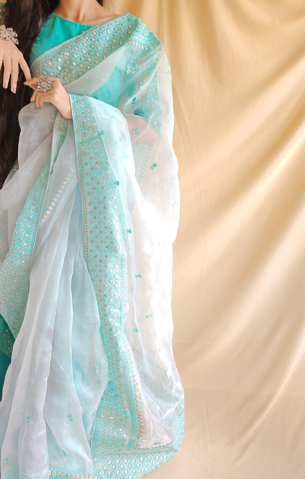 Semi-Pure Organza Saree with Foil Glass Work & Heavy Embroidery | Includes Matching Plain Silk Blouse