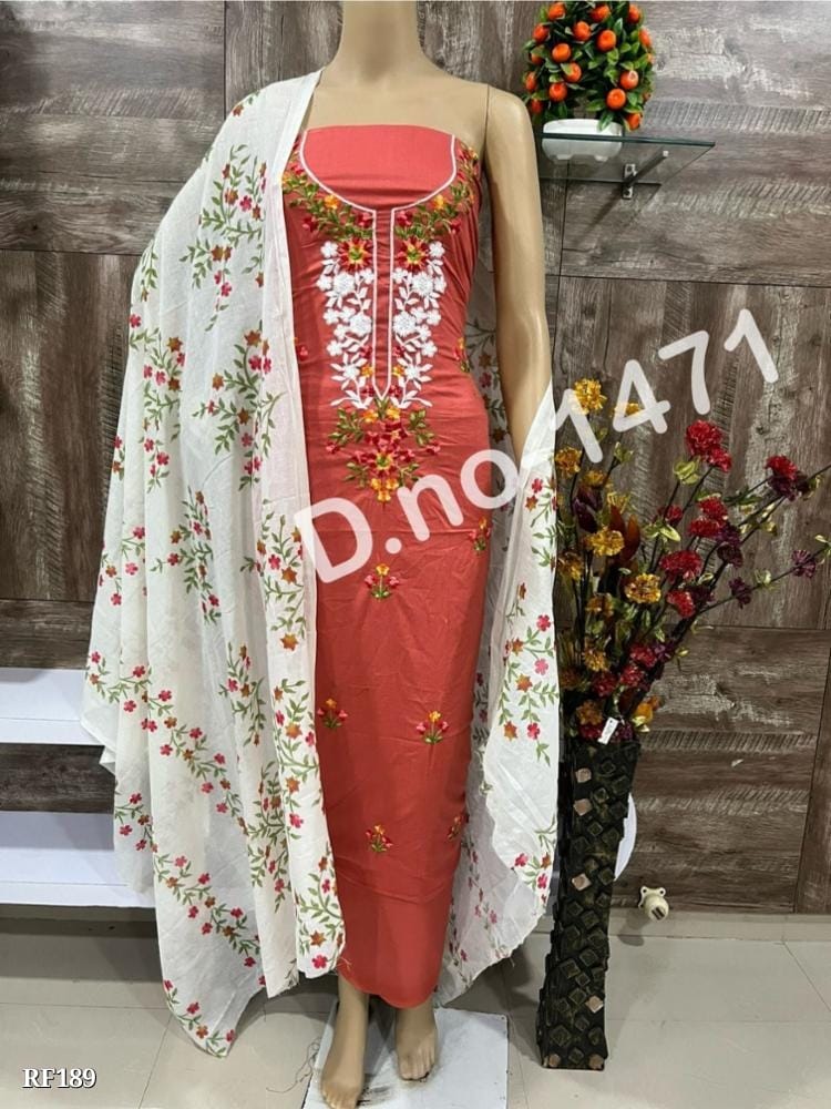 Pure Cotton Dress Material with Embroidery Work and Fancy Print - Top, Bottom, and Dupatta Set