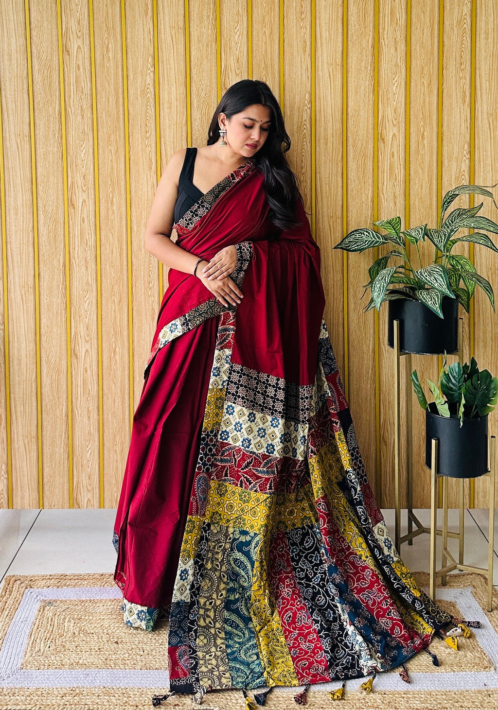 Natural Handblock Printed Cotton Saree – Patchwork & Hand-Dyed Elegance 02
