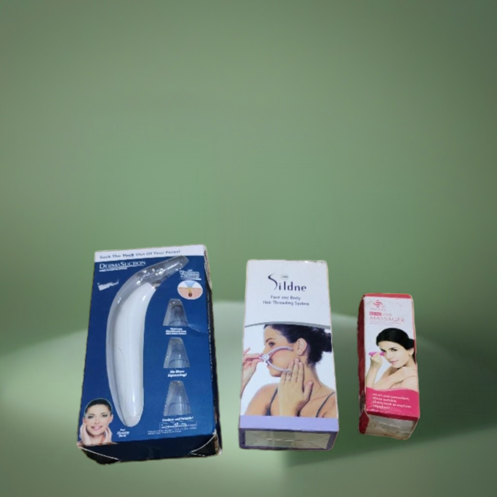 Face Care Combo | Eye Massager, Facial Threading Tool & Derma Suction for Blackhead Removal