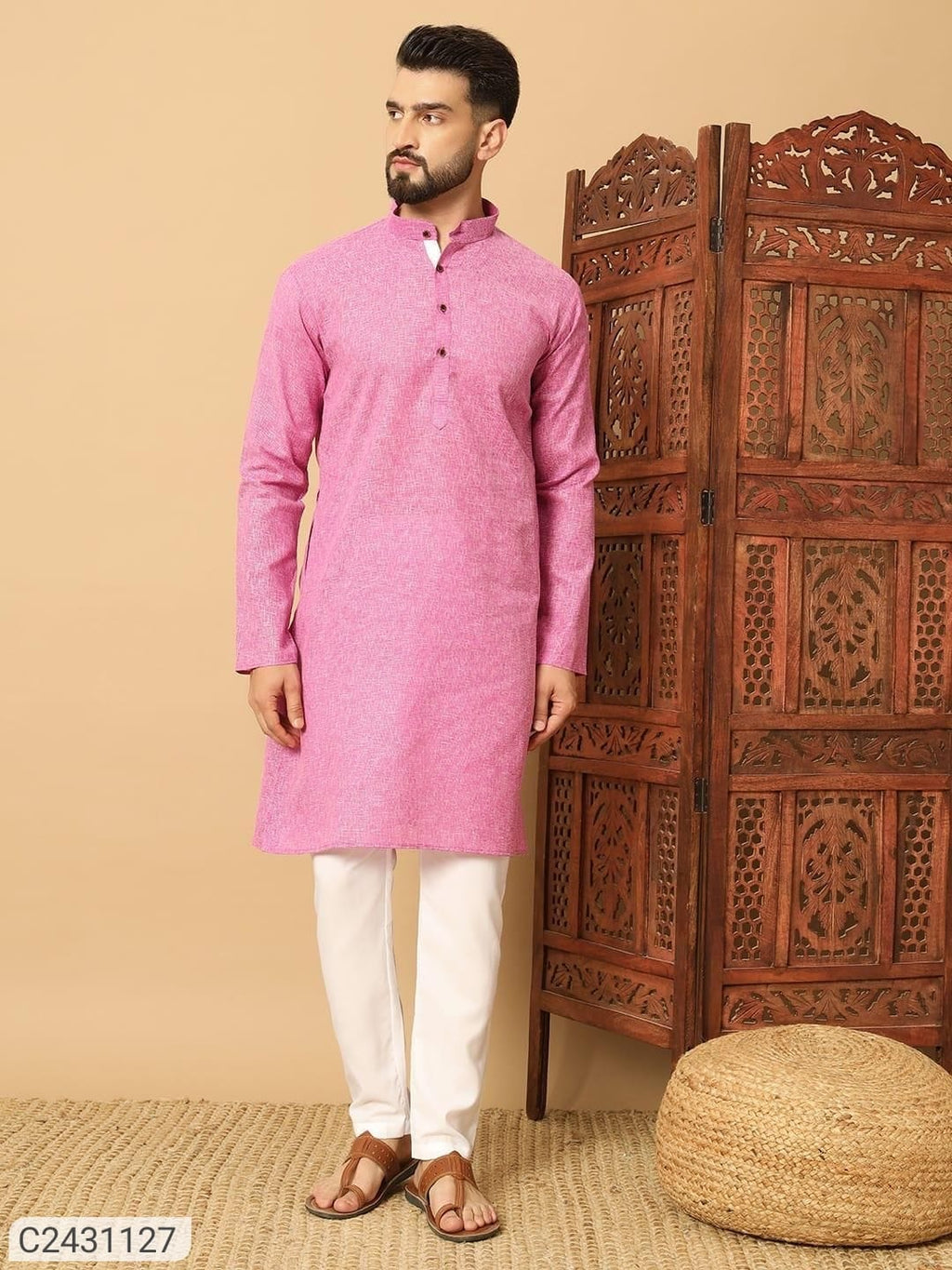 Men's Cotton Solid Kurta Pyjama Set (Pink)