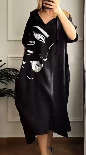 Loose Hooded Face Heat Transfer Patch Dress