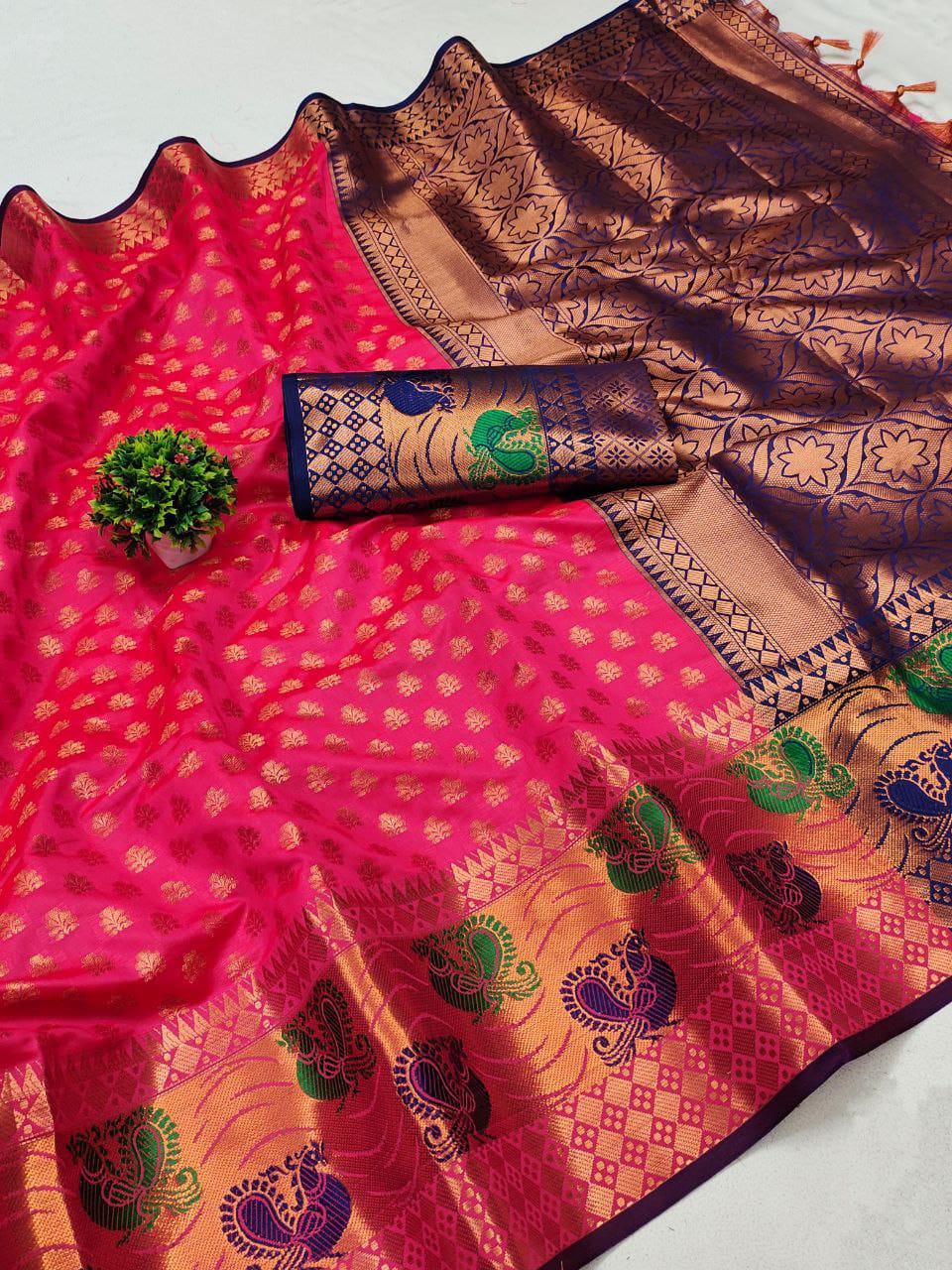 exquisite-pure-lichi-silk-saree-with-copper-zari-weaving-mina-butta-work-in-india-2