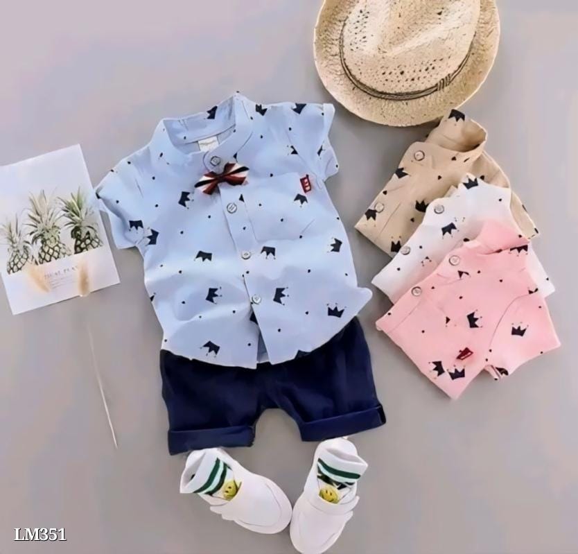 Baby Boy Solid Classic Hosiery Button Casual Regular Shirt and Shorts Set