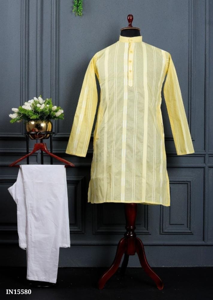 Men's Traditional Heavy Embroidery Kurta Payjama Set - Lemon