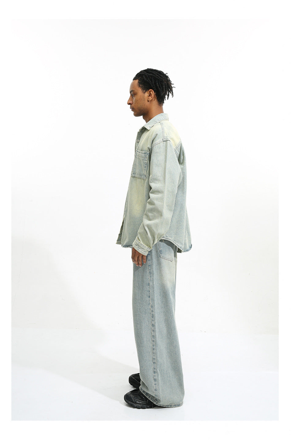 Men's Loose Washed-out Brushed White Blue Denim Coat Trousers