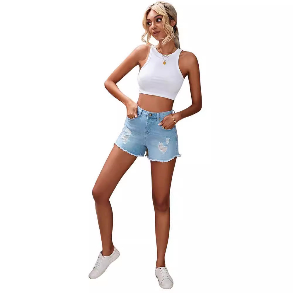 European And American Fashion Wash High Waist Jeans Women's Summer  Slim Wear Casual Short Shorts