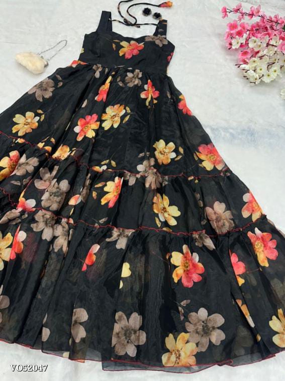 SCnx 1123: Digital Printed Pure Jimmy Organza Silk Anarkali Gown - 7+ Meter Flair | Fully Stitched