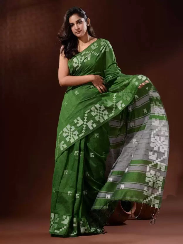 Woven Handloom Handloom Cotton Blend Saree  (Green)