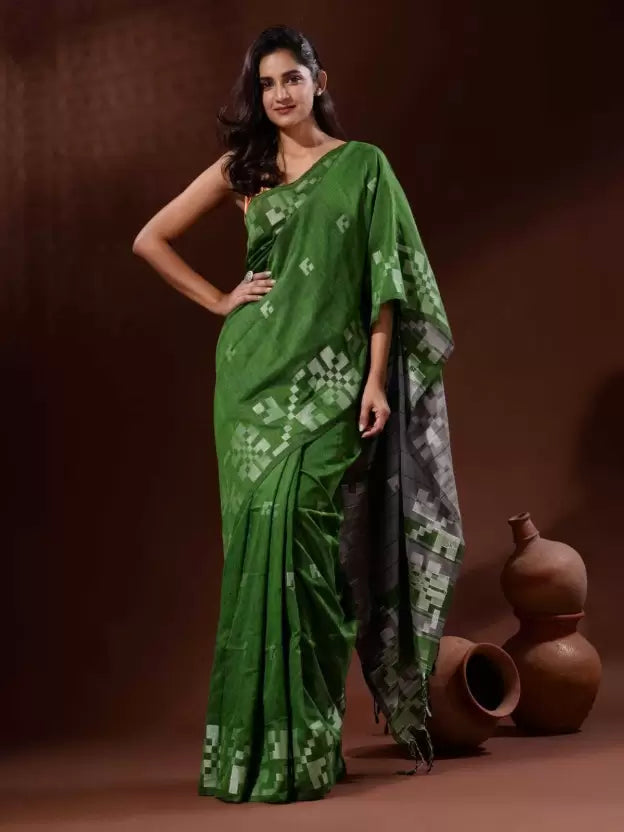 Woven Handloom Handloom Cotton Blend Saree  (Green)