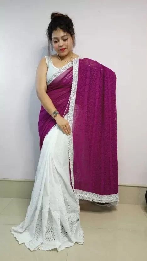 Woven Lucknow Chikankari Pure Cotton Saree  (Magenta)