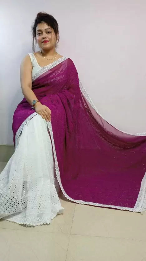 Woven Lucknow Chikankari Pure Cotton Saree  (Magenta)