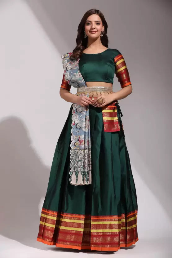 Green  Embroidered Litchi Silk Lehenga