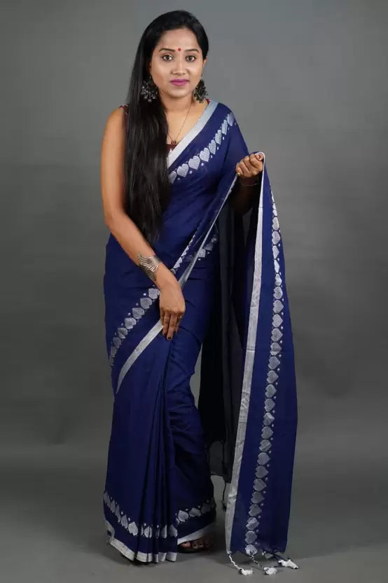 Love Border Pure Cotton Saree with running Blouse Piece (Blue & White)