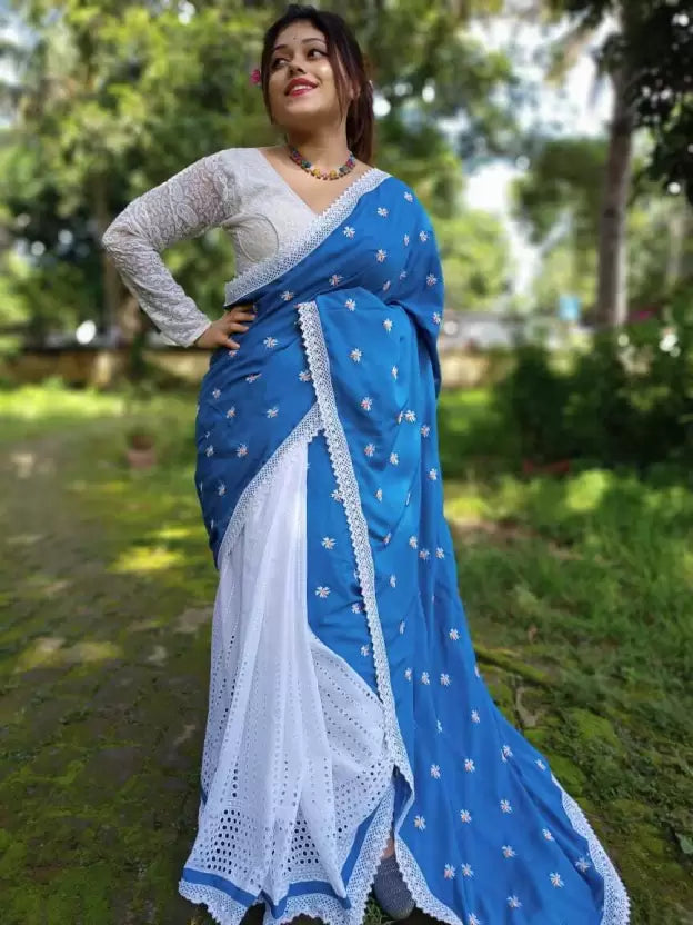 Embroidered Bollywood Pure Cotton Saree  (Light Blue, White)