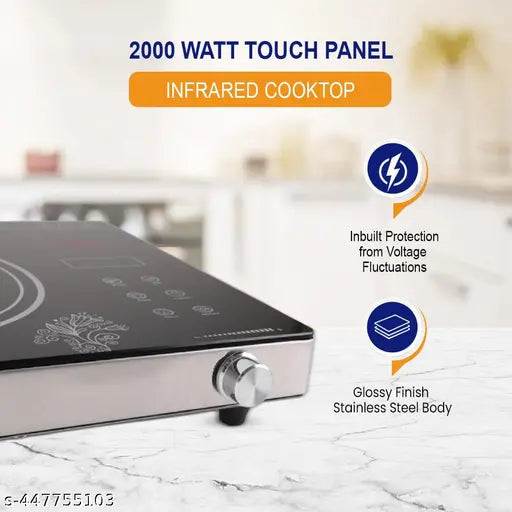 Infrared Cooktop | 2000 Watt, Stainless Steel & Ceramic | Adjustable Temperature Control | Cool Touch Handle | 1-Year Warranty | Black