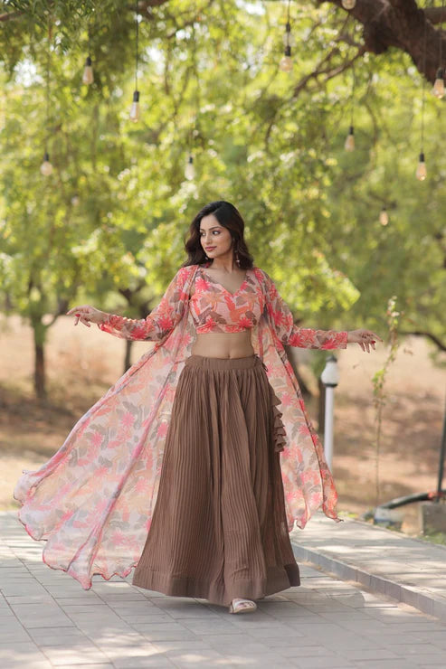 Beautiful Digital Flower Print  Georgette Lehenga Choli with Shrug Set