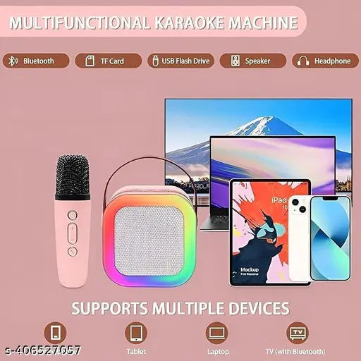 Karaoke Speaker Machine Bluetooth-Compatible Wireless Karaoke Mic Speaker Multi-Compatibility Modes, RGB Lights - 1 Speaker & 1 Mic (Pink)