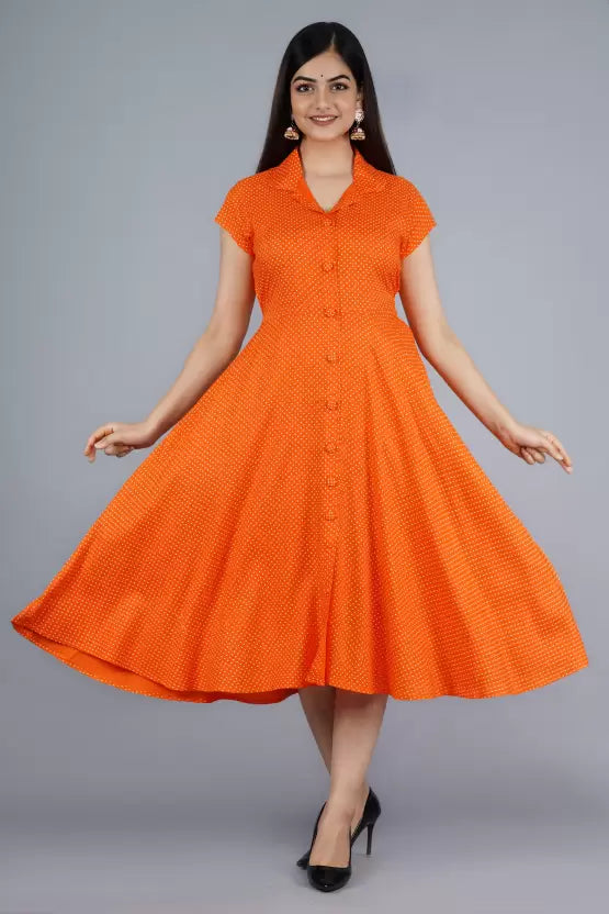 Women Fit and Flare Orange Dress, Gown