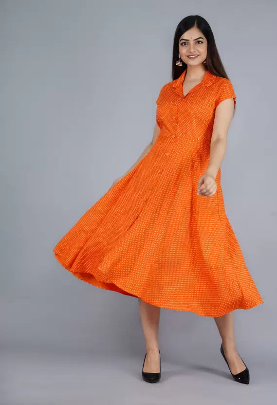 Women Fit and Flare Orange Dress, Gown